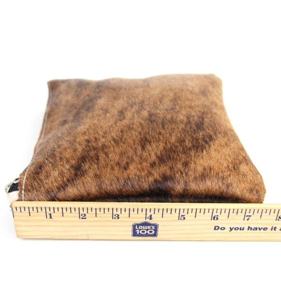 HANDCRAFTED BROWN GENUINE LEATHER PONY HAIR ZIP TOP HANDBAG CLUTCH POUCH - Picture 9 of 9